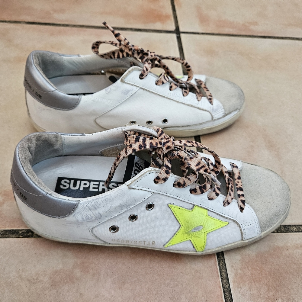 Golden Goose GGDB Superstar 37 7 white neon yellow star silver back sneakers - Picture 1 of 10